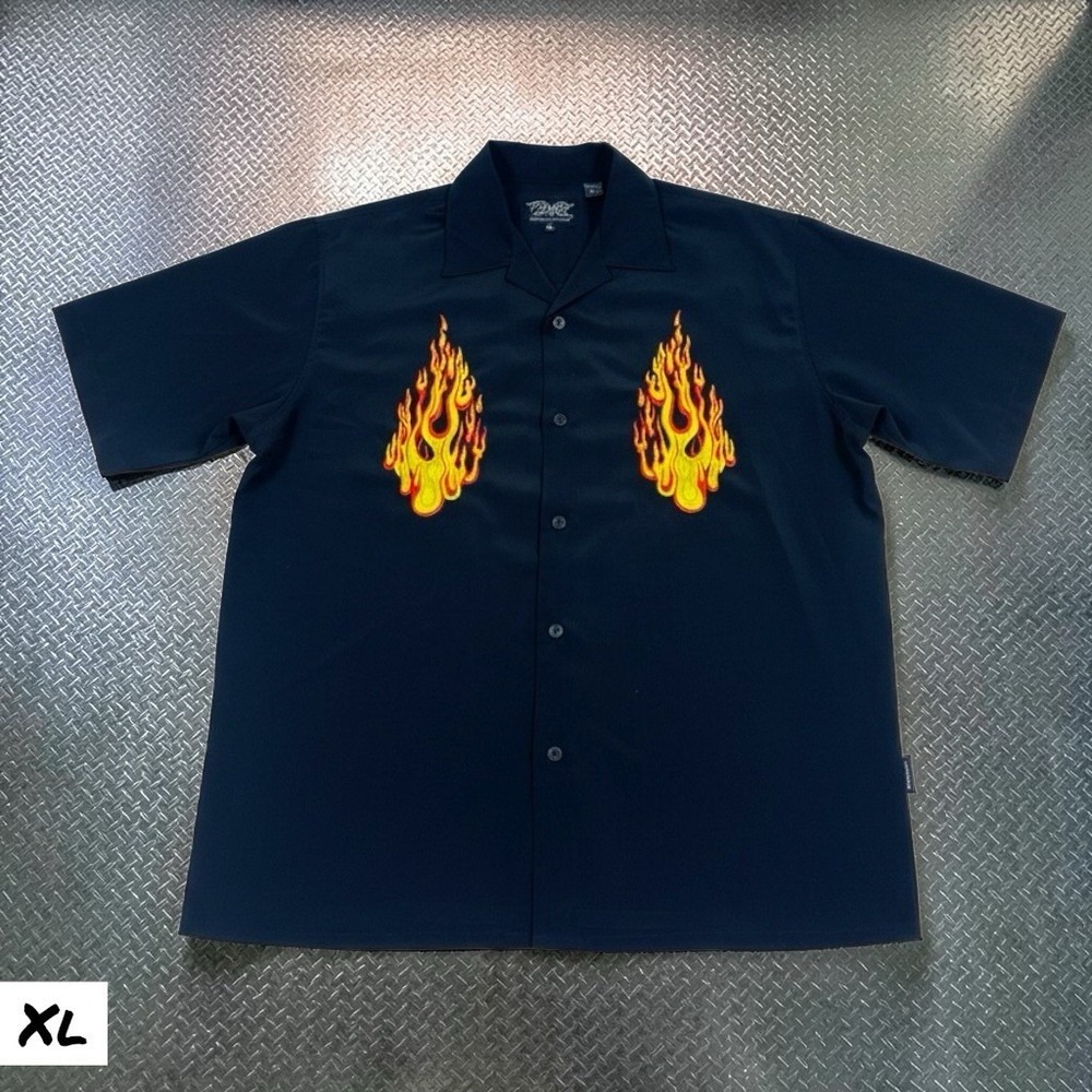 Y2K Dragonfly Shirt Mens XL Black Flame Embroidered Button‎ Up Bowling Hot Rod